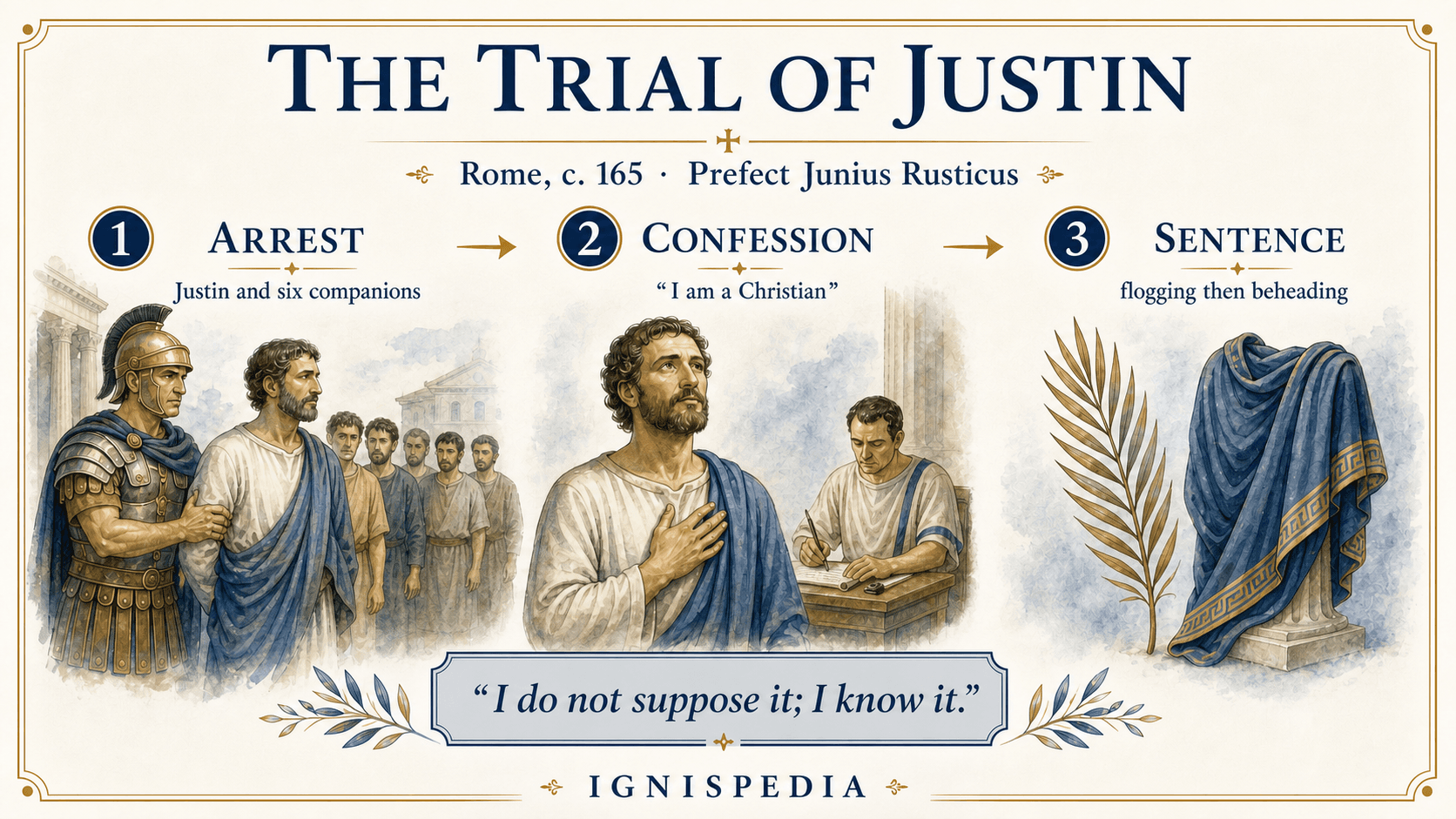 Infographic of Saint Justin Martyr's trial before the prefect Junius Rusticus around 165