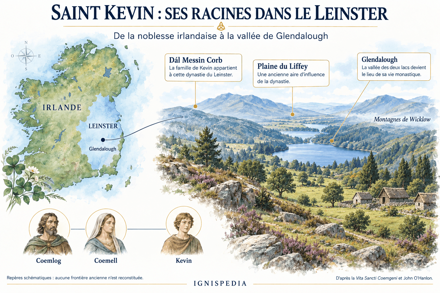 Carte schématique du Leinster, de la plaine du Liffey et des montagnes de Wicklow autour de Glendalough