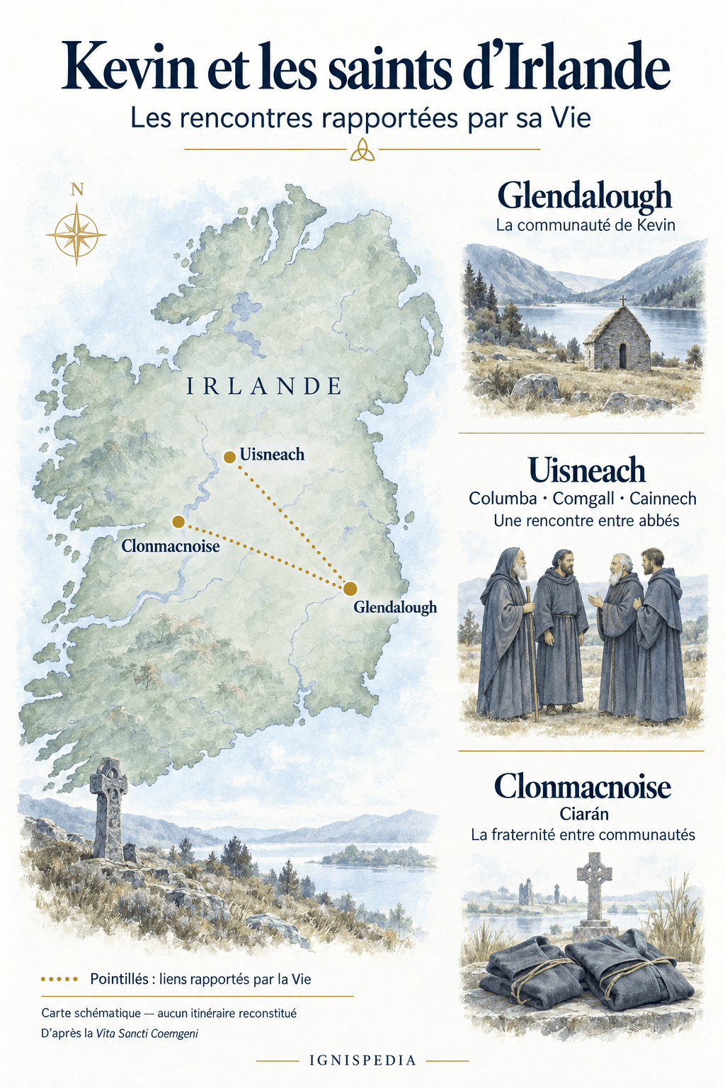 Glendalough, Clonmacnoise et Uisneach : les liens de Kevin avec les grands abbés irlandais
