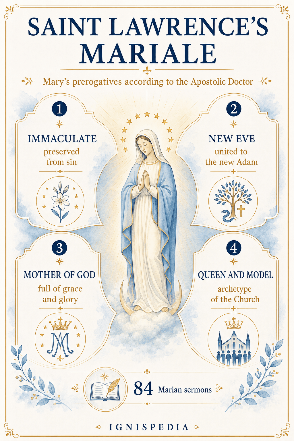 Infographic on Mary's prerogatives in Saint Lawrence of Brindisi's Mariale
