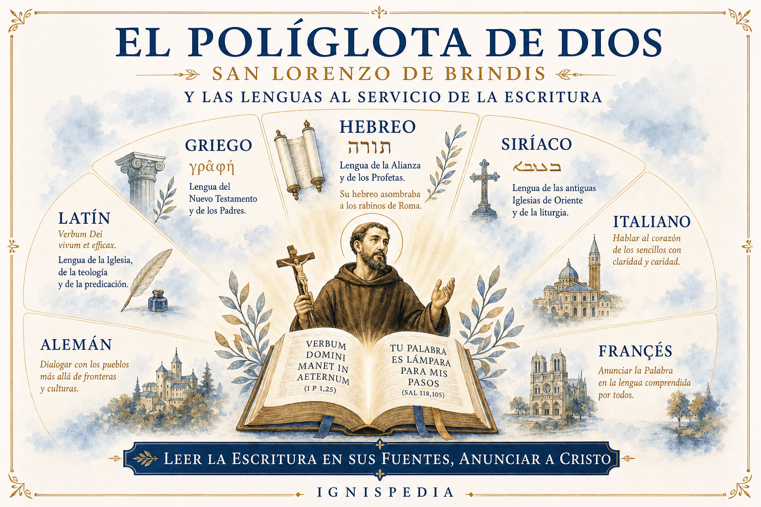 Infografía de las siete lenguas dominadas por san Lorenzo de Brindis alrededor de una Biblia abierta