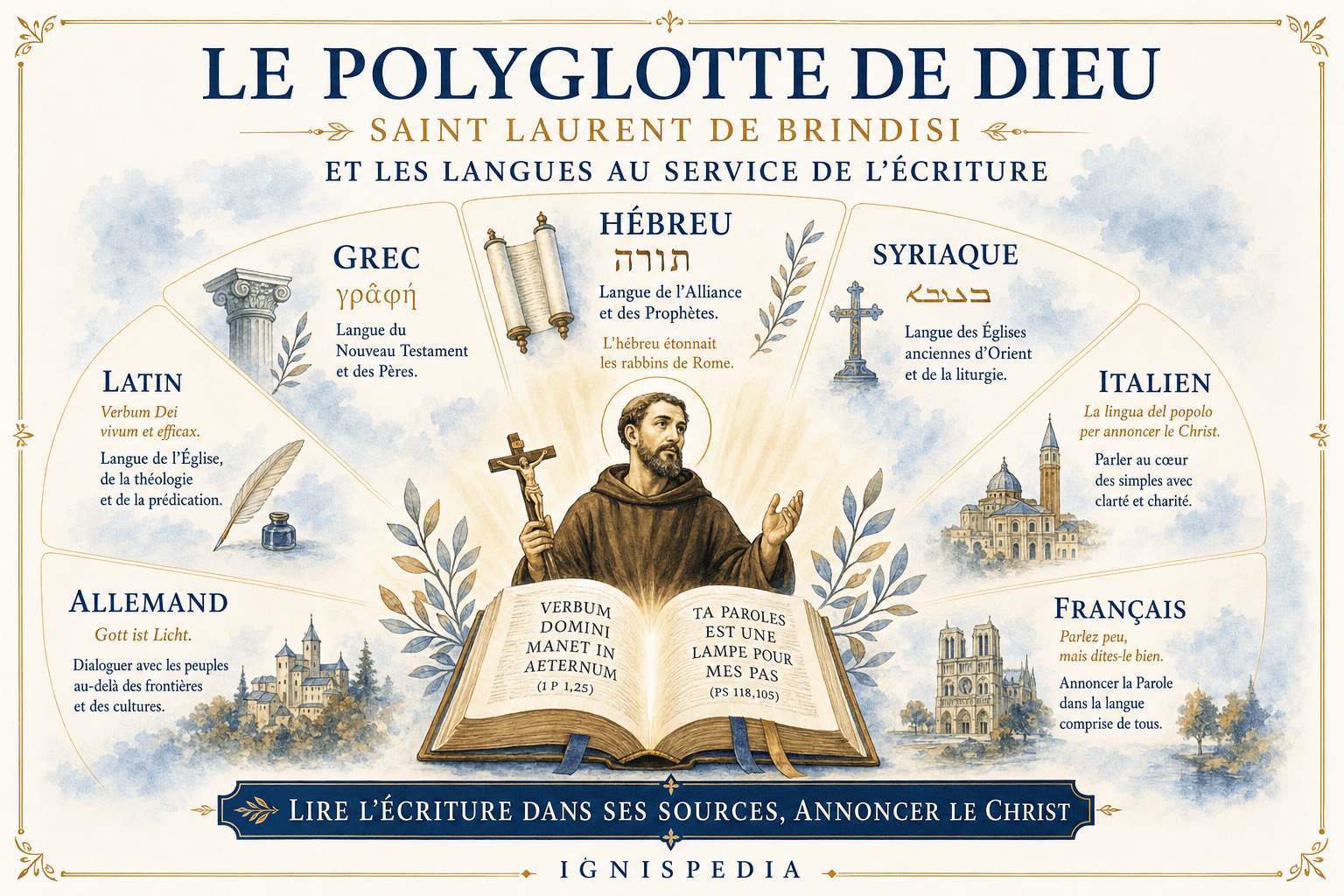 Infographie des sept langues maîtrisées par saint Laurent de Brindisi autour d'une Bible ouverte