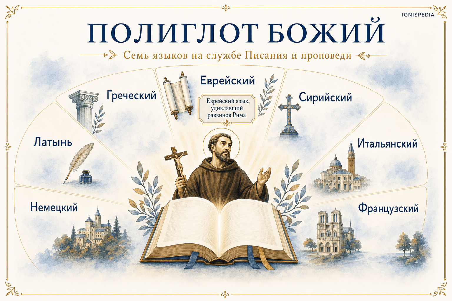 Инфографика о семи языках святого Лаврентия Бриндизийского вокруг раскрытой Библии