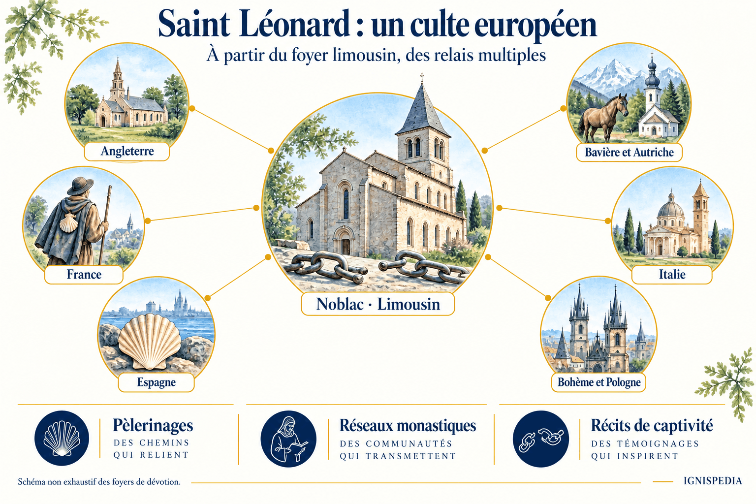 Netz der Verehrungszentren des heiligen Leonhard um Noblac: Frankreich, England, Spanien, Italien und Mitteleuropa