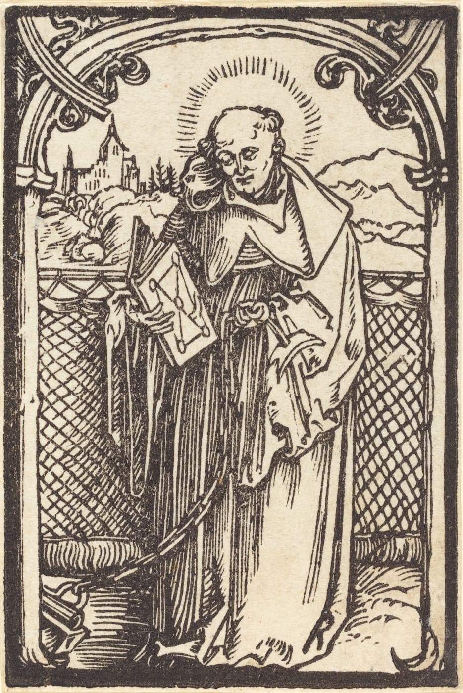 Heiliger Leonhard mit Buch und Fesseln, Albrecht Dürer zugeschriebener Holzschnitt, um 1500