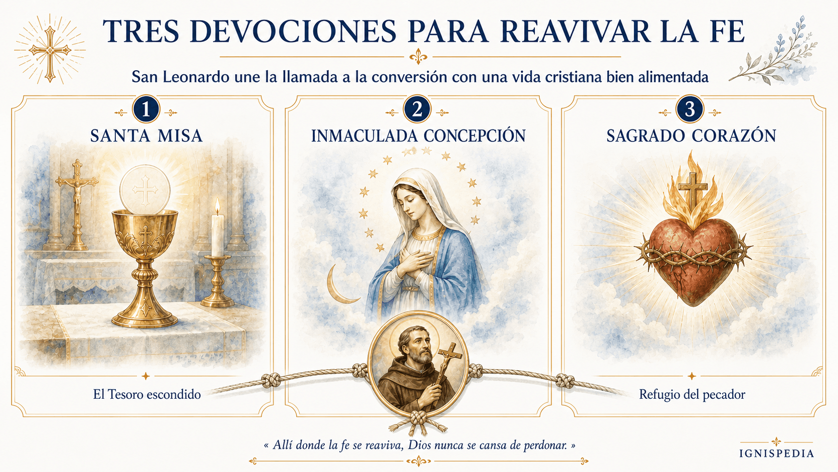 Infografía de las tres grandes devociones promovidas por san Leonardo: Misa, Inmaculada Concepción y Sagrado Corazón