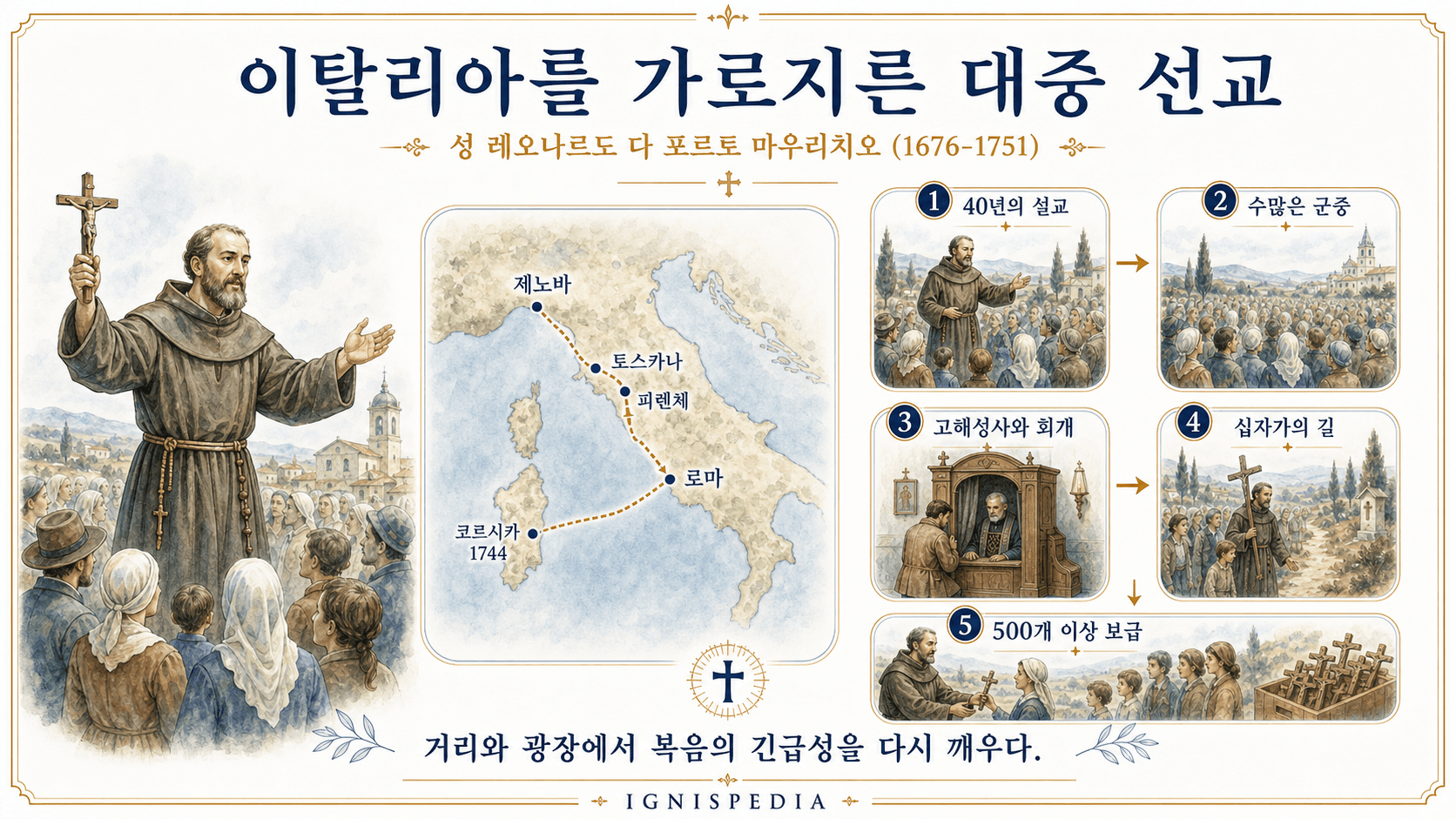 성 레오나르도 다 포르토 마우리치오의 이탈리아, 코르시카, 로마 선교 지도 인포그래픽