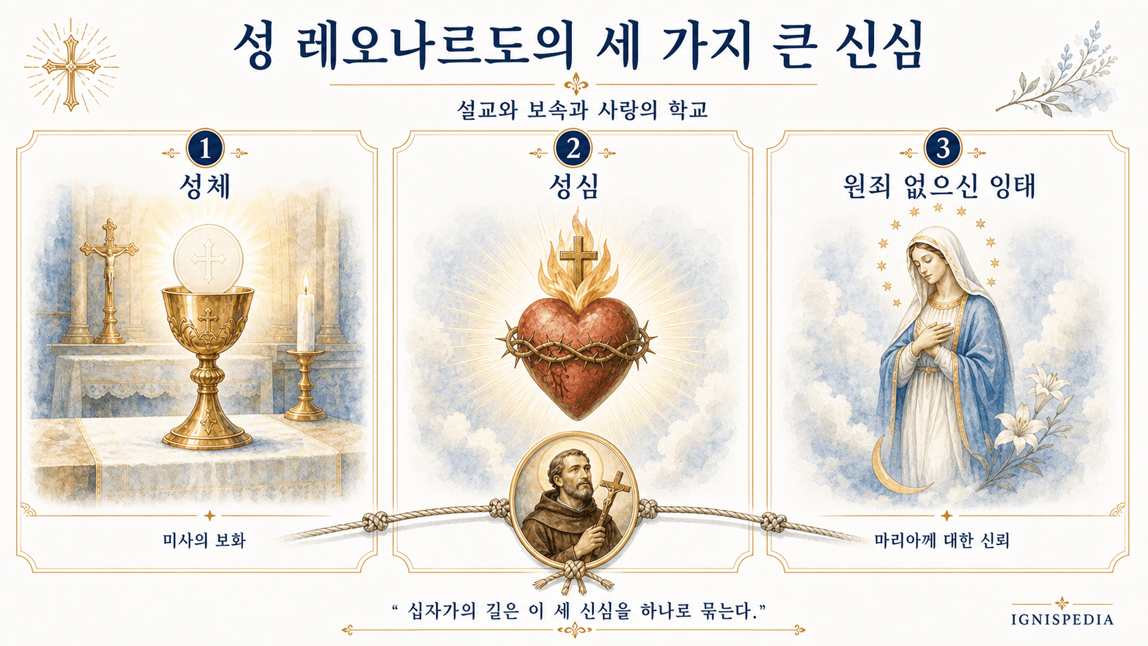 성 레오나르도가 권장한 세 가지 주요 신심: 미사, 원죄 없으신 잉태, 예수 성심 인포그래픽