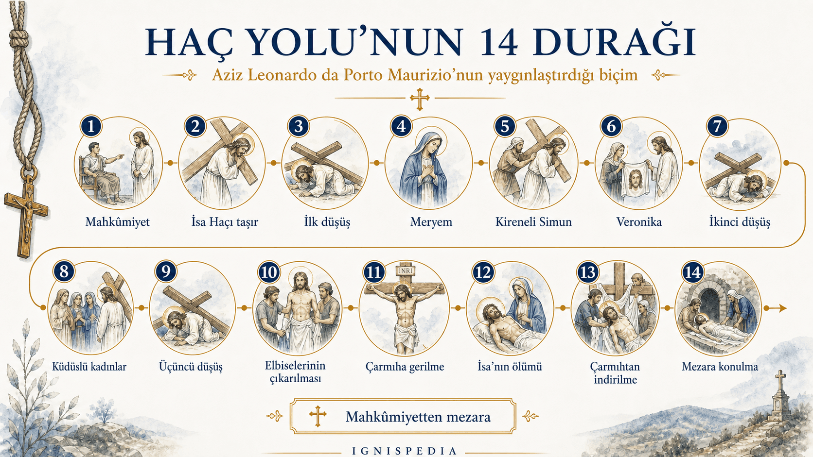 Aziz Leonardo da Porto Maurizio tarafından yaygınlaştırılan Haç Yolunun on dört istasyonunun infografik şeridi