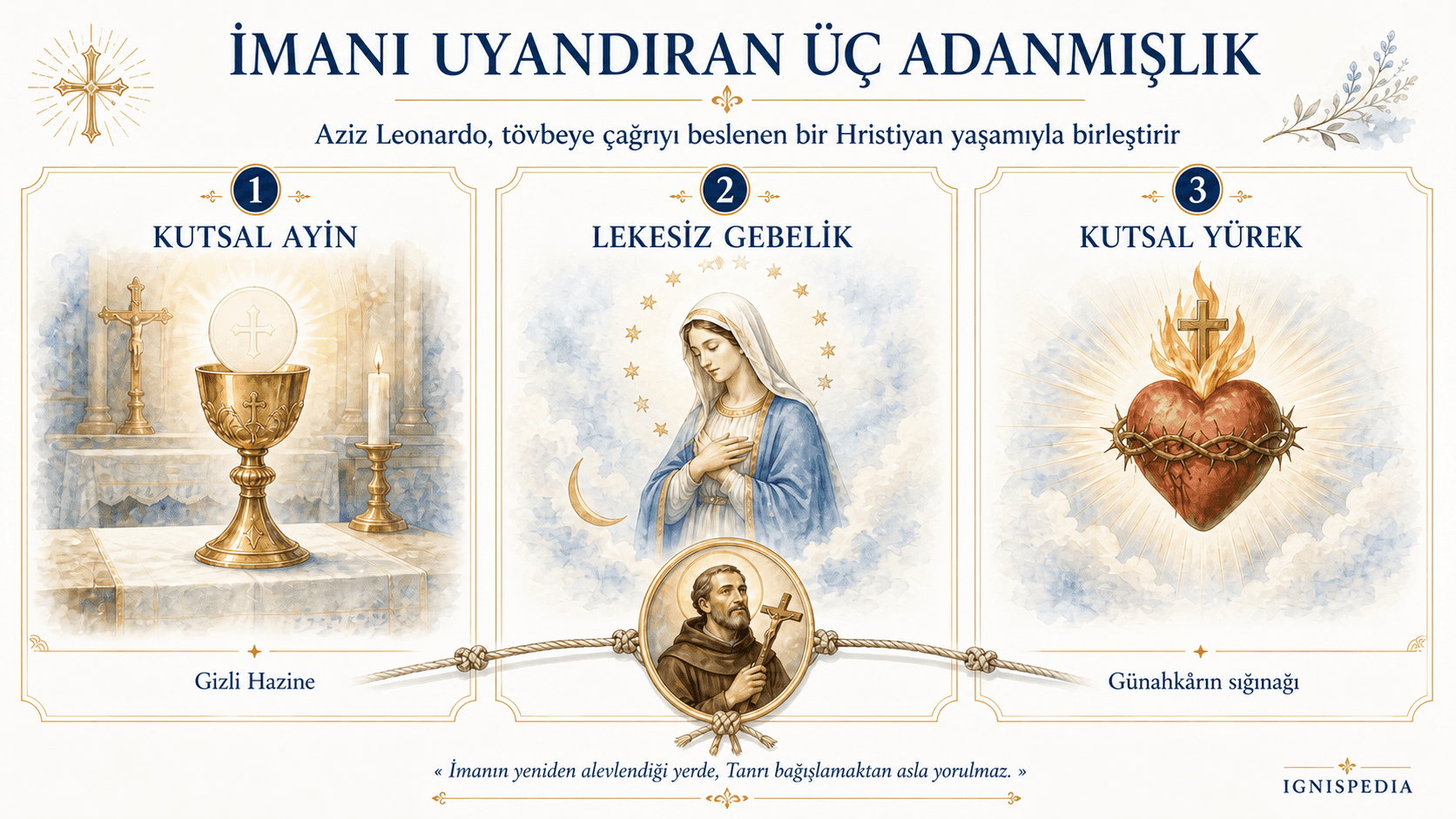Aziz Leonardo tarafından teşvik edilen üç büyük adanmışlığın infografiği: Kutsal Ayin, Lekesiz Gebelik ve Kutsal Yürek