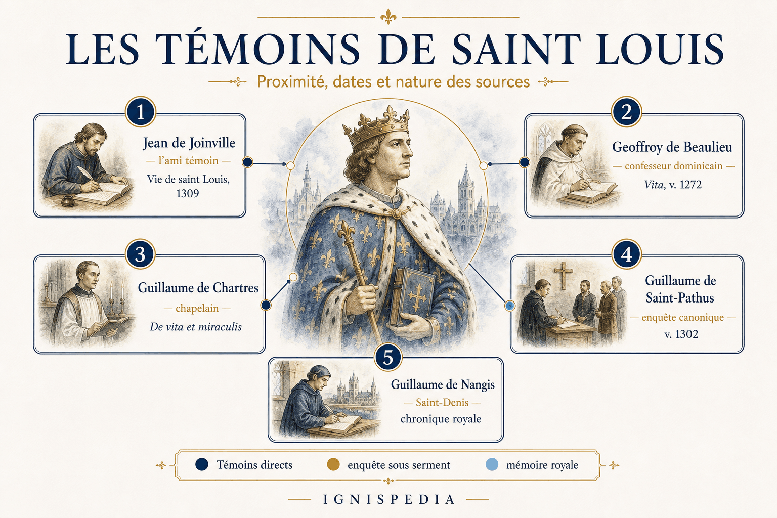 Infografika przedstawiająca pięciu wielkich średniowiecznych świadków świętego Ludwika: Joinville'a, Godfryda z Beaulieu, Wilhelma z Chartres, Wilhelma z Saint-Pathus i Wilhelma z Nangis.