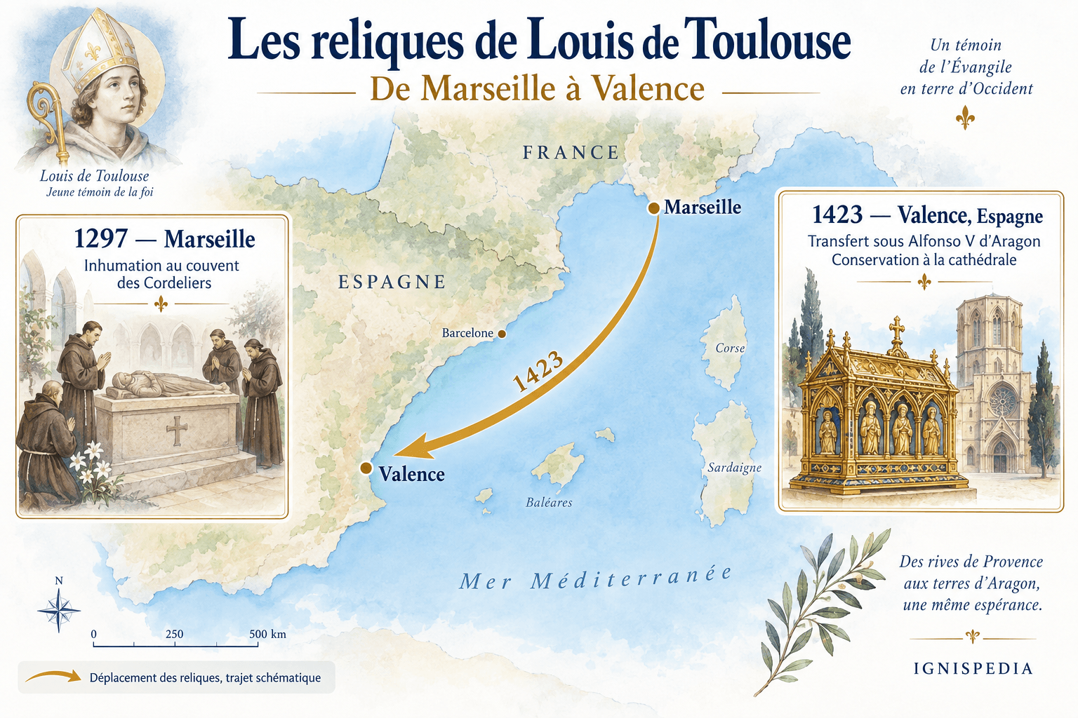 Map of the transfer of Louis of Toulouse's relics from Marseille to Valencia in Spain