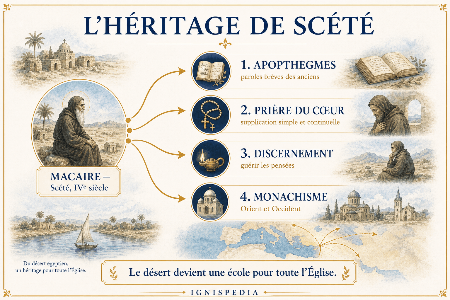 Infographie sur l'héritage spirituel de Scété : apophtegmes, prière du cœur, discernement et monachisme