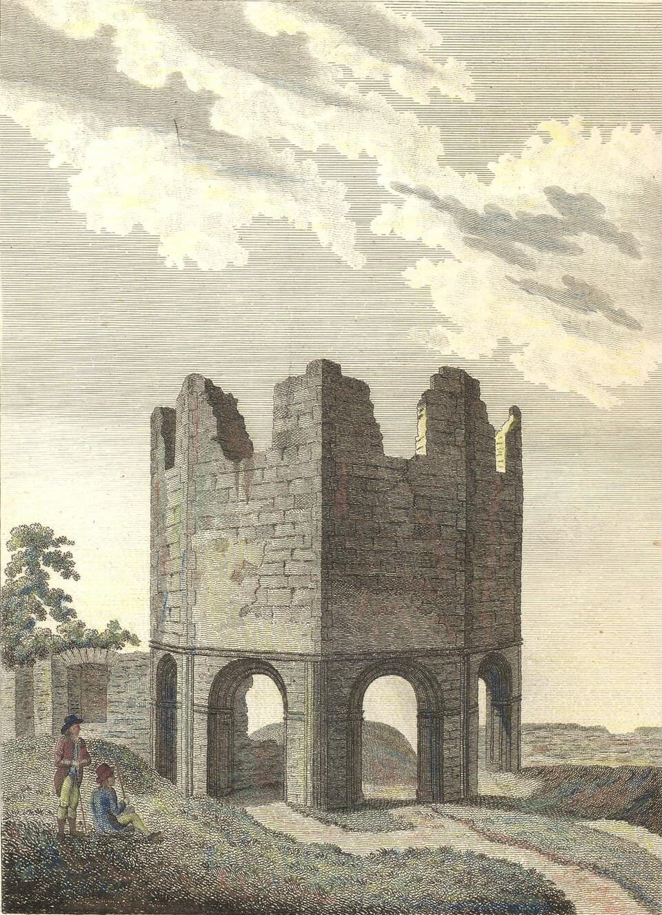 Gravura antiga do lavabo octogonal da abadia de Mellifont, publicada em 1792 nas Antiquities of Ireland