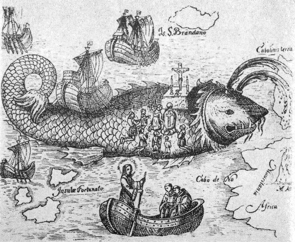 Grabado antiguo de Brendán celebrando la misa sobre un animal marino