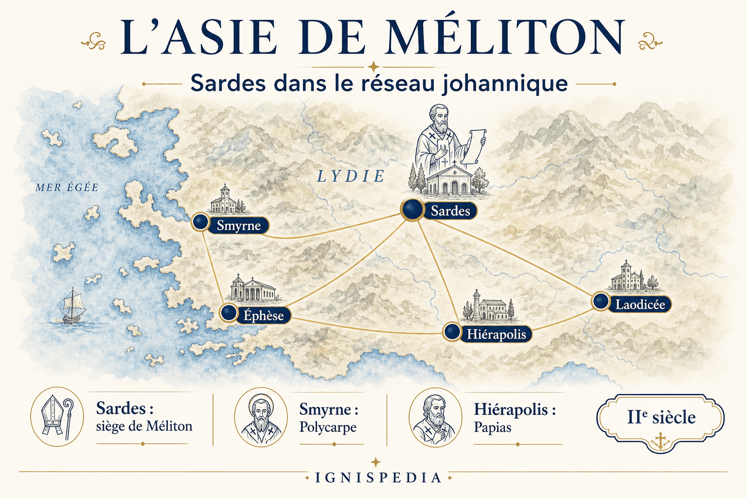 Carte infographique de l'Asie Mineure chrétienne au IIe siècle avec Sardes, Smyrne, Éphèse, Hiérapolis et Laodicée