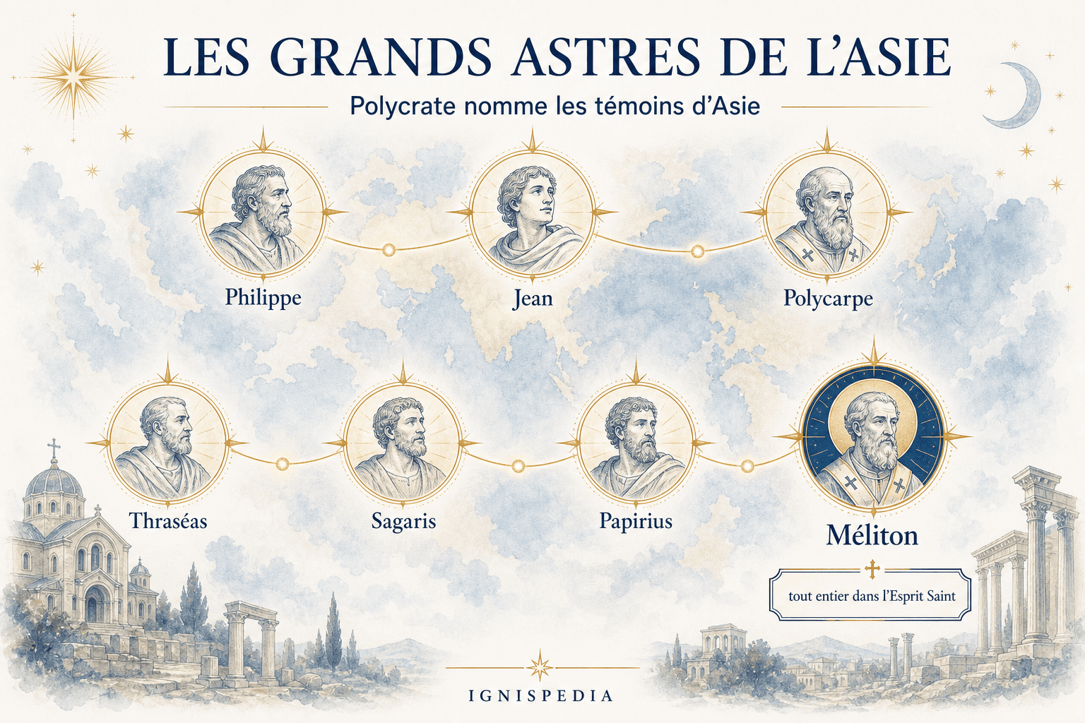 Infographie des grands astres de l'Asie nommés par Polycrate : Philippe, Jean, Polycarpe, Thraséas, Sagaris, Papirius et Méliton