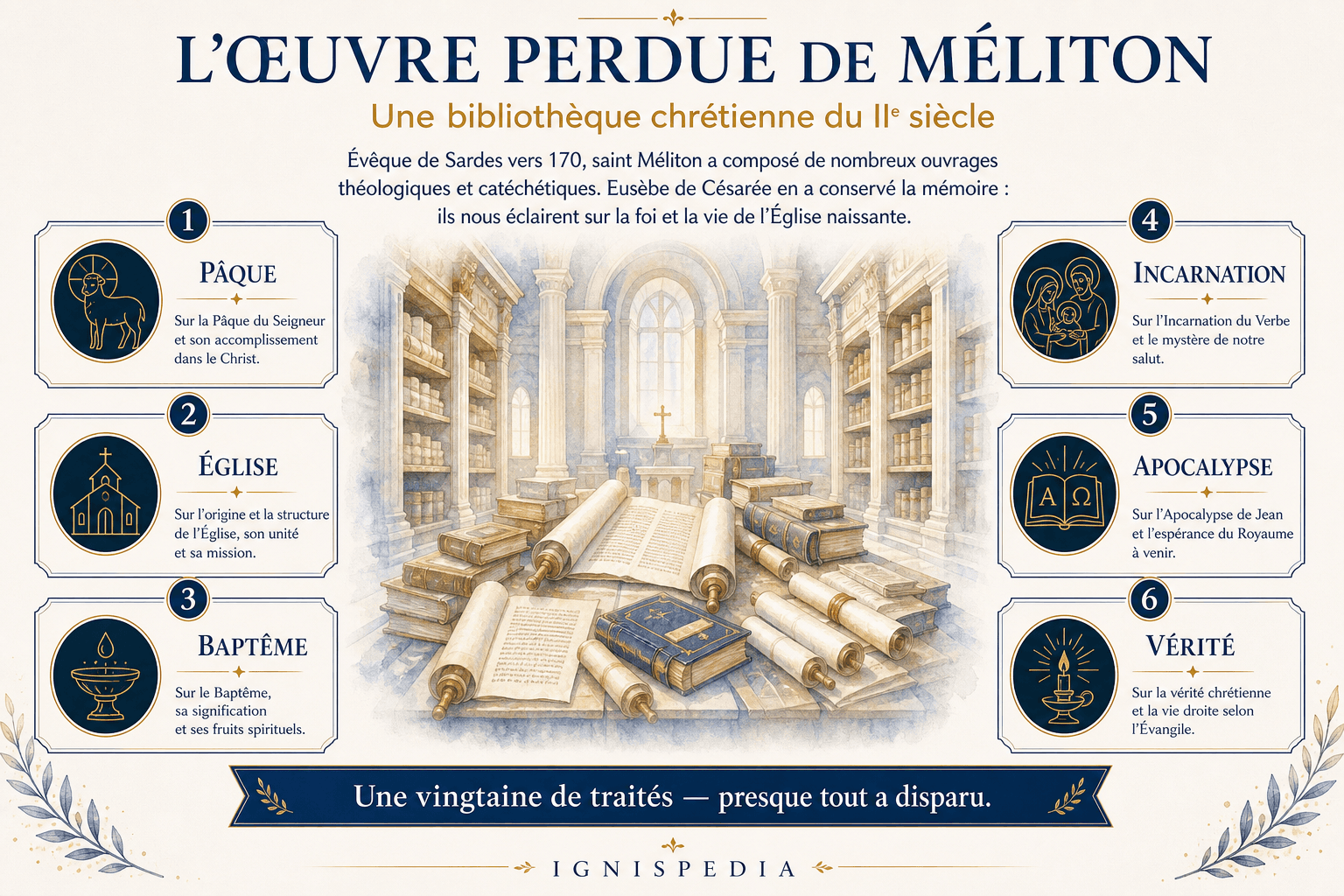 Infographie résumant les domaines des œuvres perdues de Méliton de Sardes