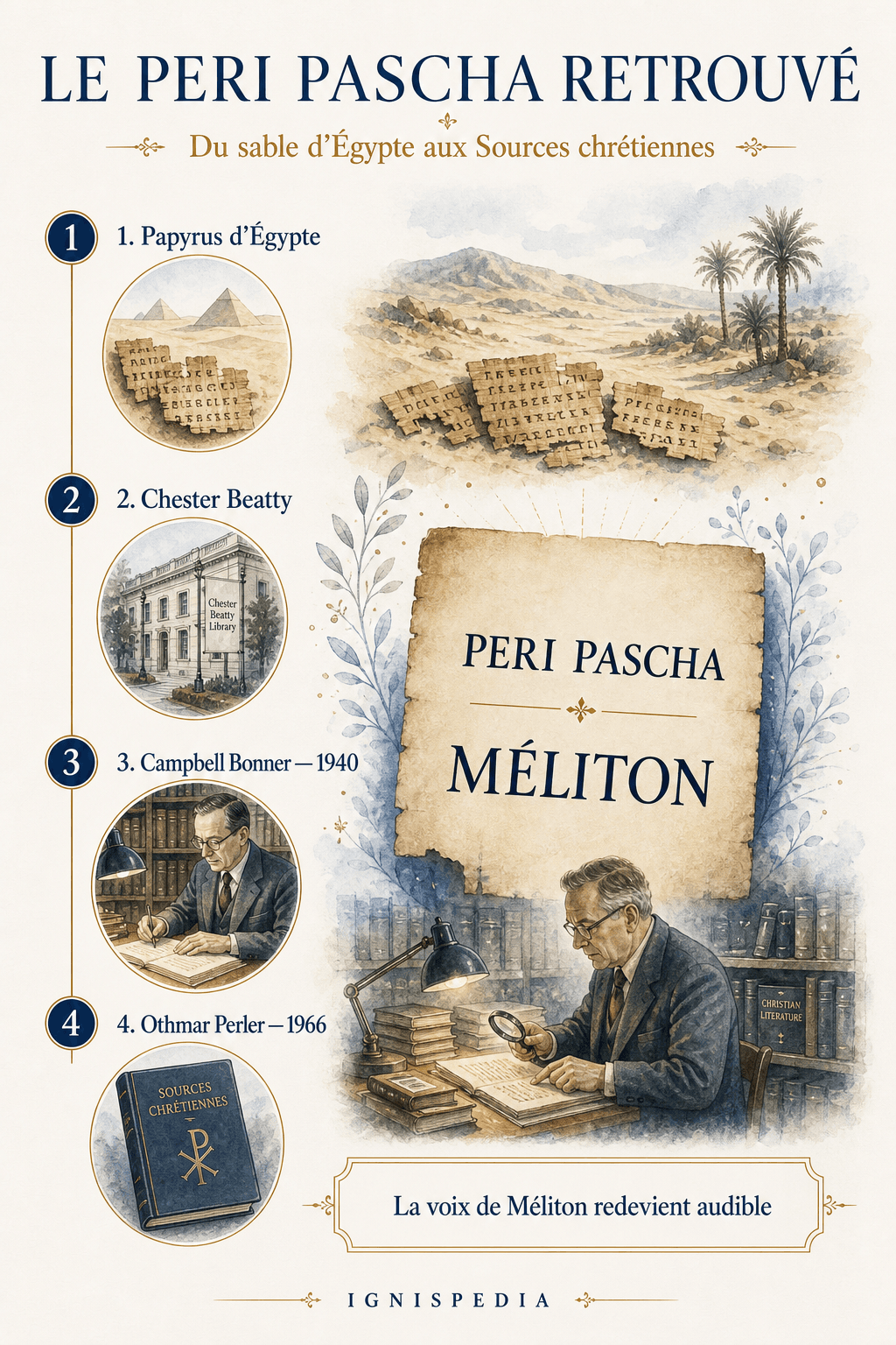 Infographie sur la redécouverte du Peri Pascha de Méliton, des papyrus d'Égypte à l'édition Sources chrétiennes