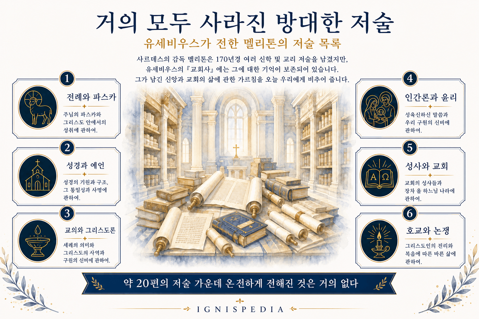 사르디스의 멜리톤이 남긴 소실 저술의 주요 분야를 보여 주는 인포그래픽