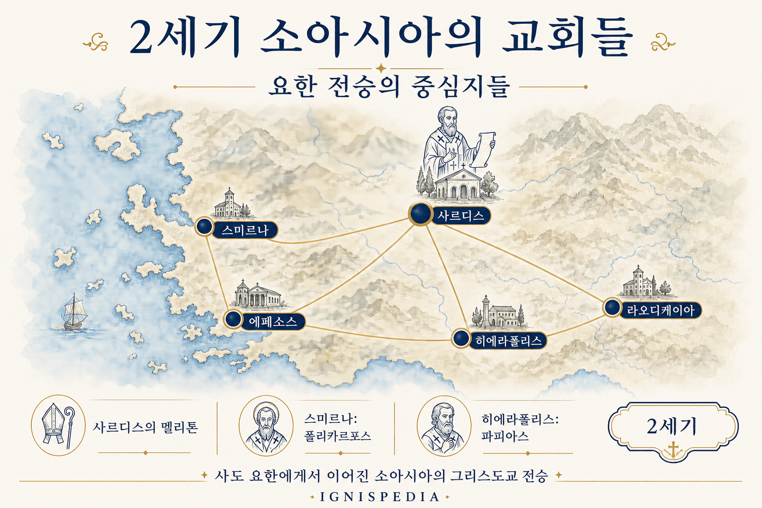 사르디스, 스미르나, 에페소스, 히에라폴리스, 라오디케이아를 표시한 2세기 그리스도교 소아시아 지도