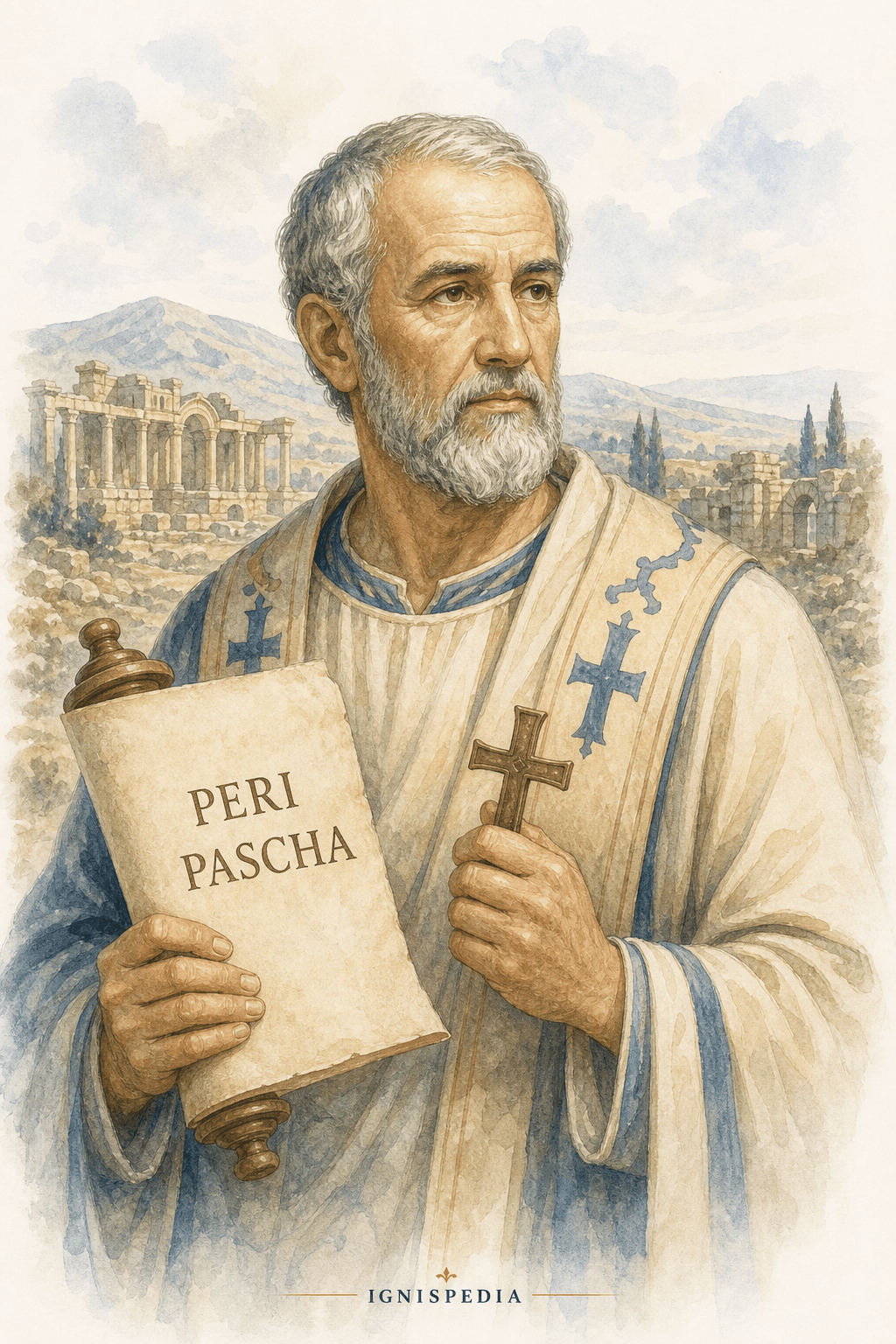 Aquarellillustration des heiligen Meliton von Sardes mit einer Schriftrolle des Peri Pascha
