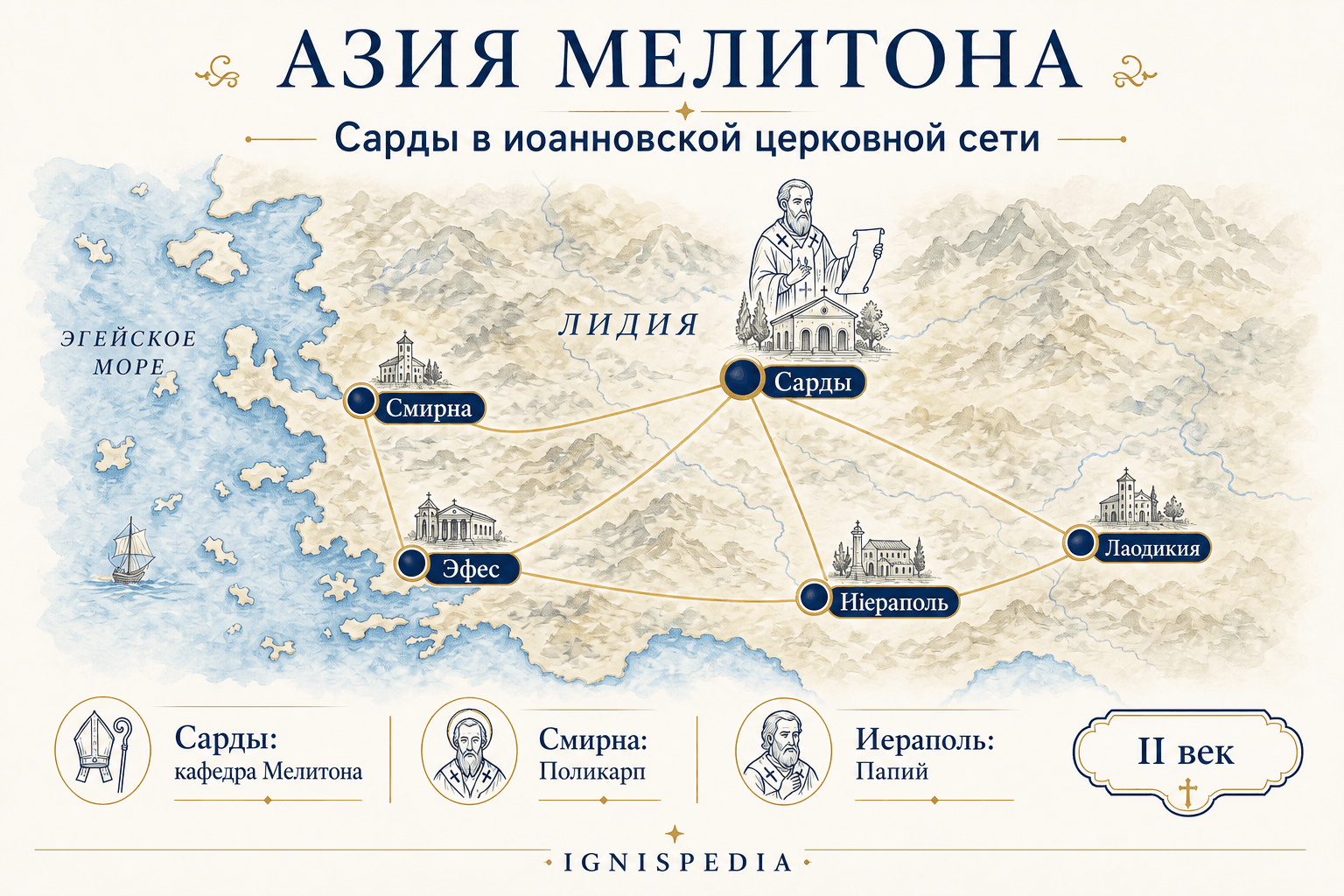 Инфографическая карта христианской Малой Азии II века с Сардми, Смирной, Эфесом, Иераполем и Лаодикией.