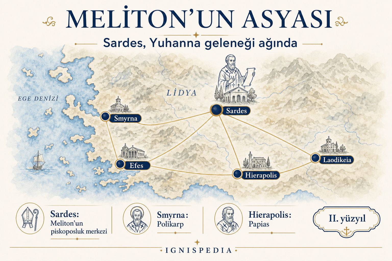Sardes, Smyrna, Efes, Hierapolis ve Laodikeia'yı gösteren II. yüzyıl Hristiyan Küçük Asya haritası