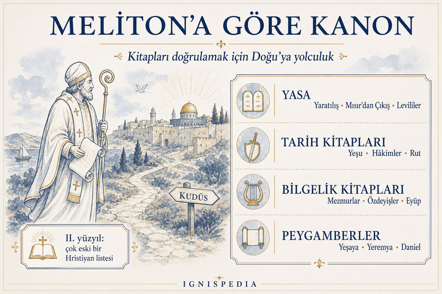 Sardesli Meliton'un Eski Ahit kitapları listesini ve Doğu yolculuğunu gösteren infografik