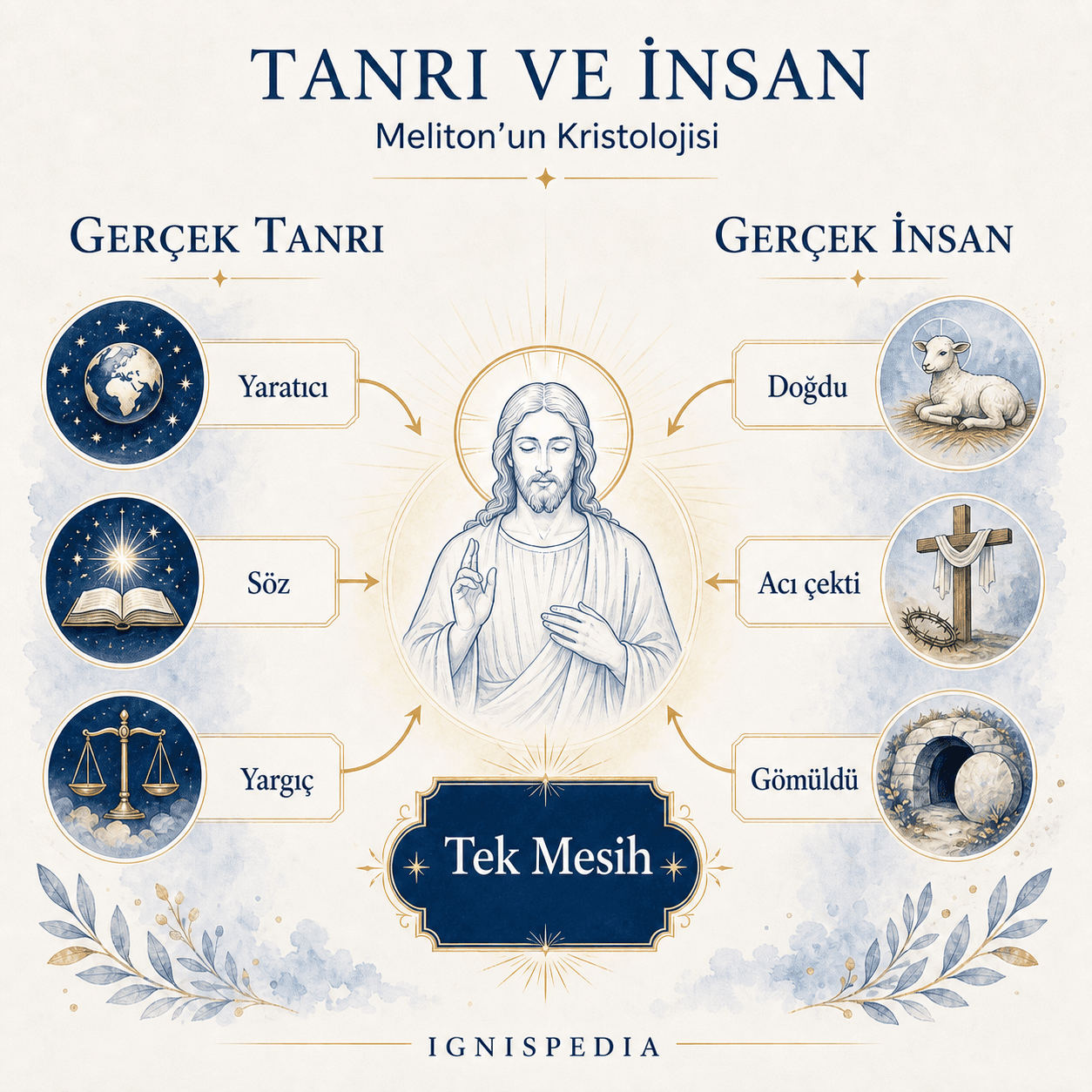 Meliton'a göre Mesih'i gerçek Tanrı ve gerçek insan olarak gösteren Kristoloji infografiği