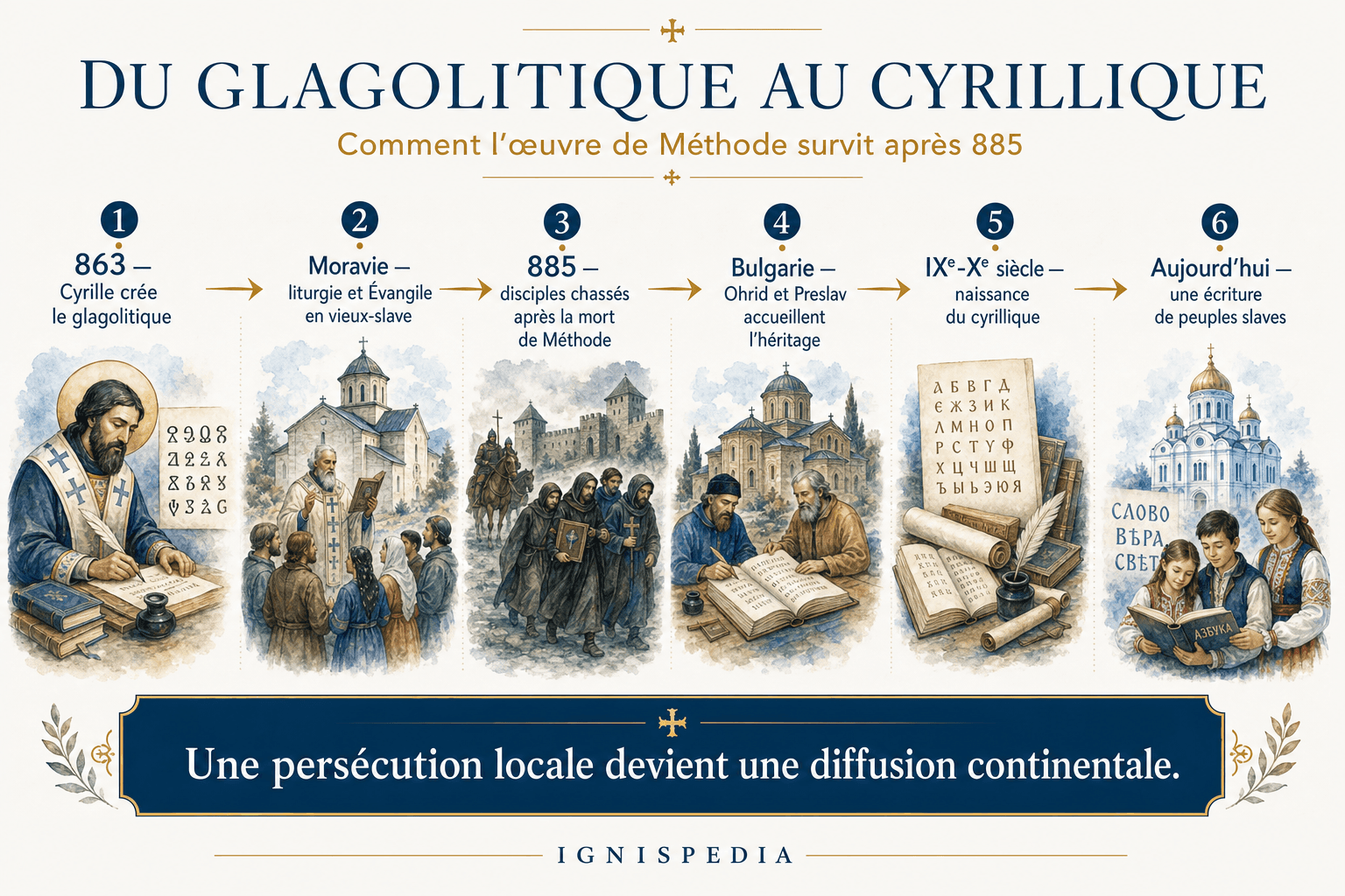 Schéma de transmission du glagolitique au cyrillique, de la mission morave à la Bulgarie puis aux peuples slaves