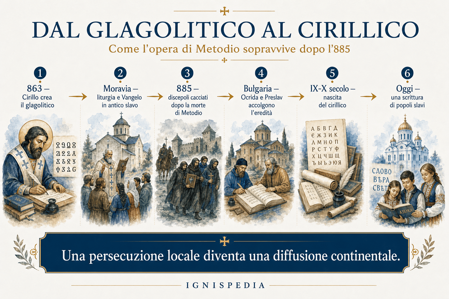 Schema della trasmissione dal glagolitico al cirillico, dalla missione morava alla Bulgaria e poi ai popoli slavi