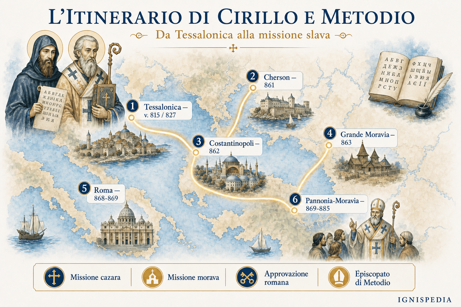 Mappa infografica dell’itinerario di Cirillo e Metodio, da Salonicco alla Pannonia-Moravia passando per Cherson, Costantinopoli, la Grande Moravia e Roma