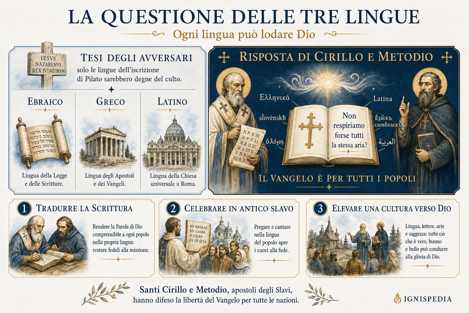 Infografica che confronta la tesi delle tre lingue sacre e la risposta di Cirillo e Metodio a favore del Vangelo per tutti i popoli