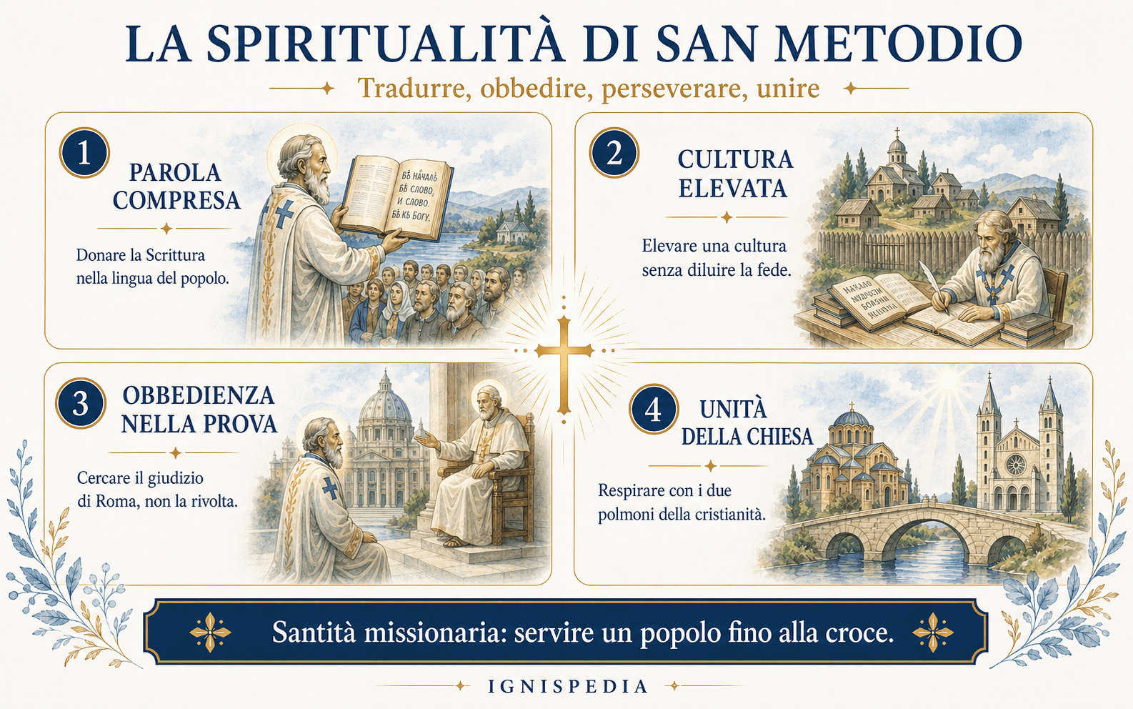 Infografica che presenta quattro tratti spirituali di san Metodio: parola compresa, inculturazione, obbedienza nella prova e unità della Chiesa
