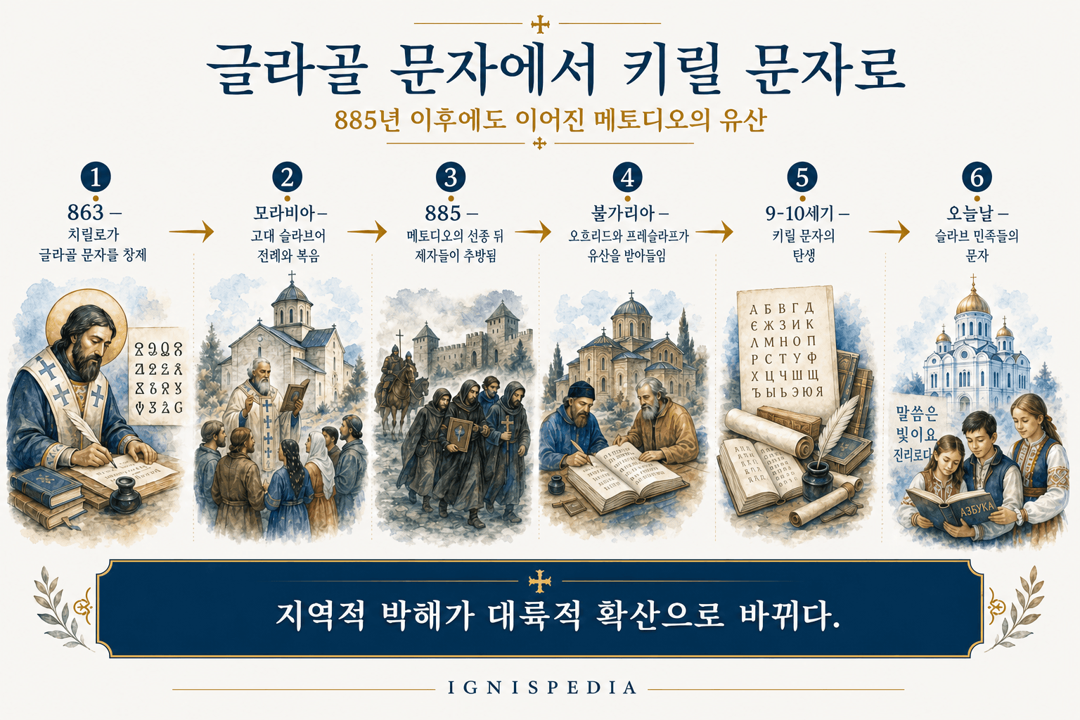 모라비아 선교에서 불가리아를 거쳐 슬라브 민족으로 전해진 글라골 문자에서 키릴 문자로의 전승 도식
