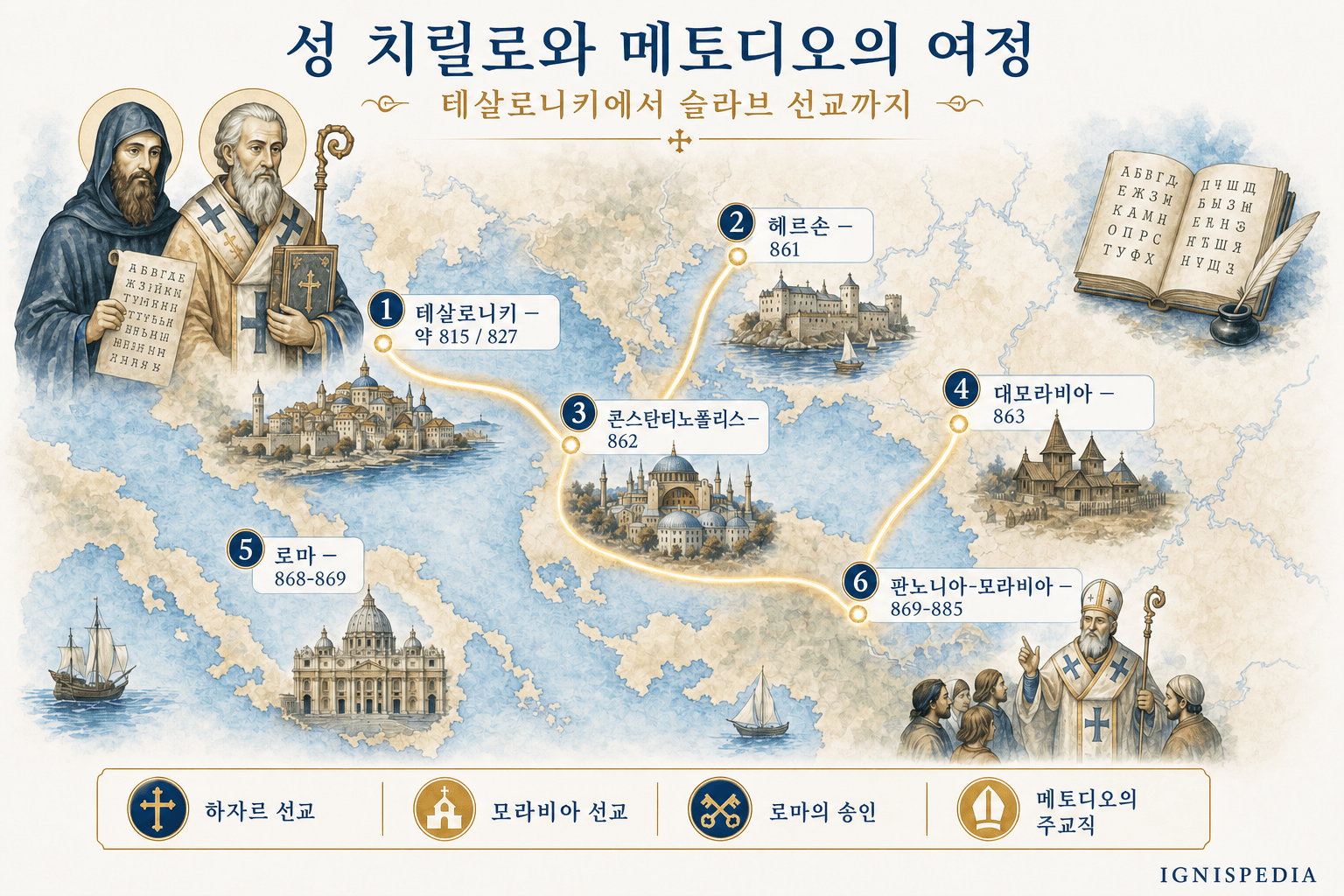 테살로니키에서 판노니아-모라비아까지 치릴로와 메토디오스의 여정을 보여주는 인포그래픽 지도