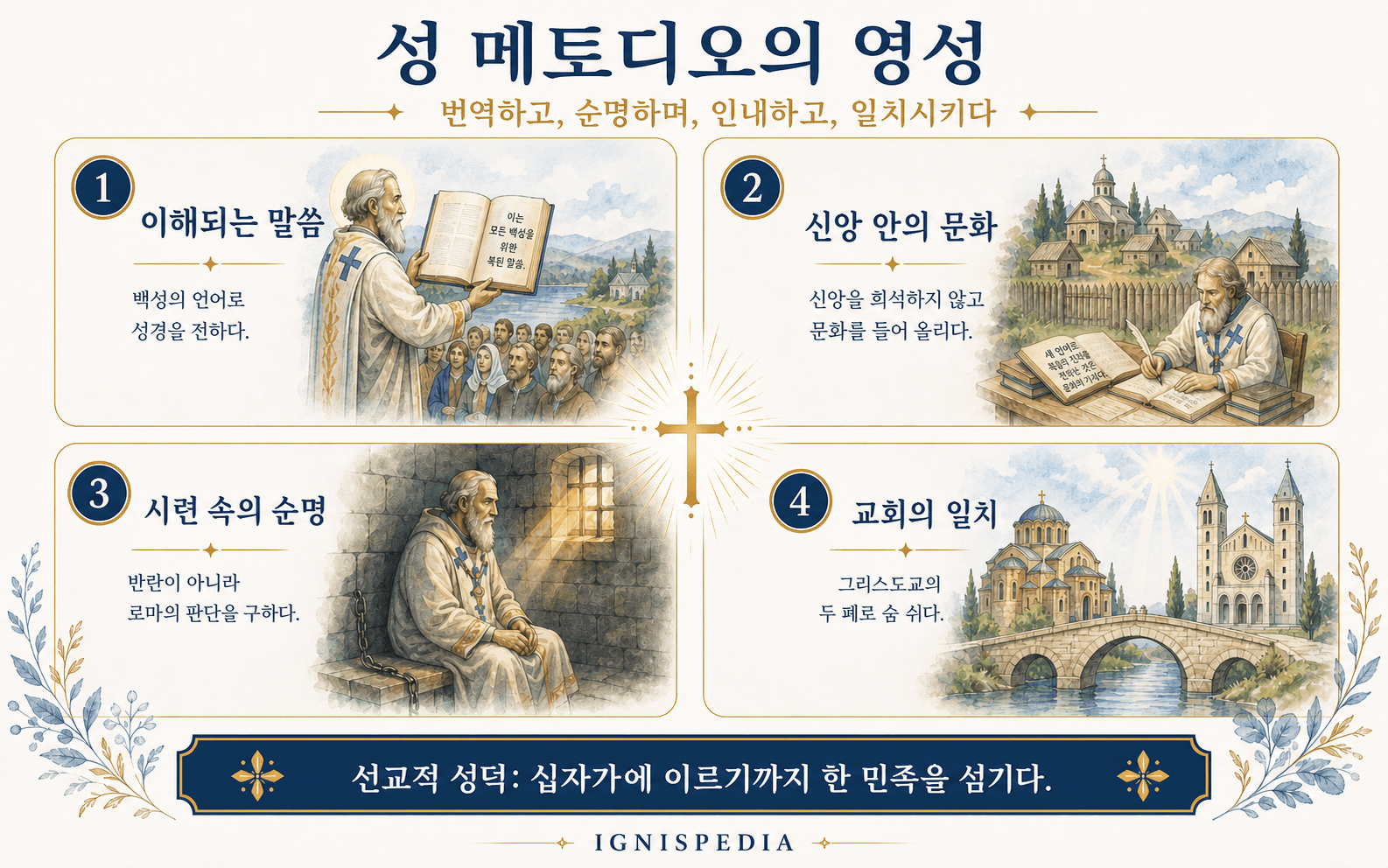 성 메토디오스의 네 가지 영적 특성: 이해된 말씀, 현지화, 시련 속 순종, 교회의 일치