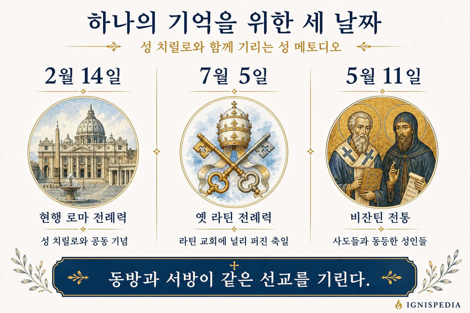 성 메토디오스와 치릴로와 관련된 세 가지 전례 기념일: 2월 14일, 7월 5일, 5월 11일