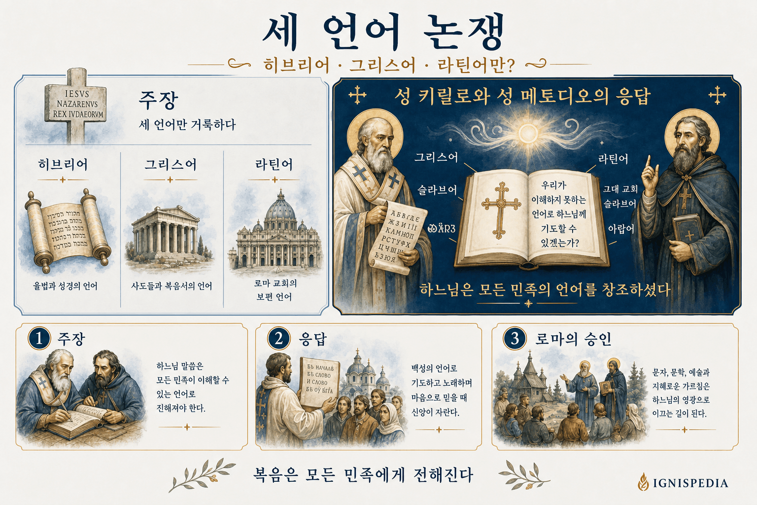 세 가지 신성한 언어론과 모든 민족을 위한 복음에 대한 키릴로스와 메토디오스의 선교적 답변을 비교한 인포그래픽