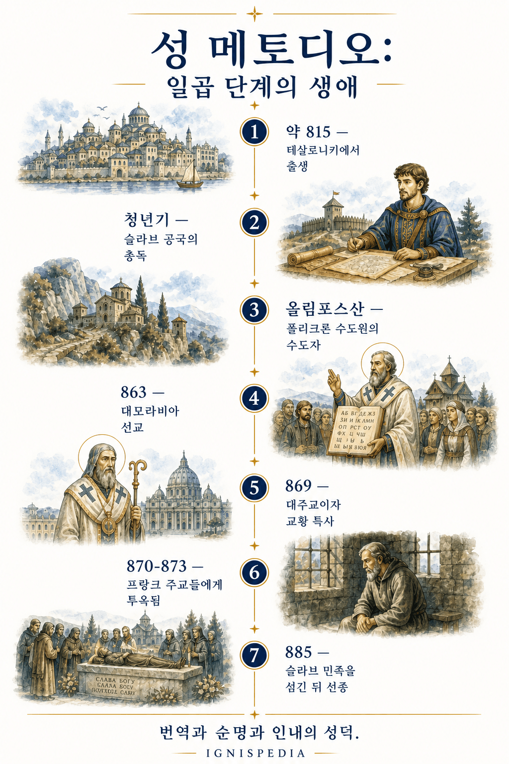 테살로니키 출생부터 885년 사망까지 일곱 단계로 나눈 성 메토디오스의 생애 연대표