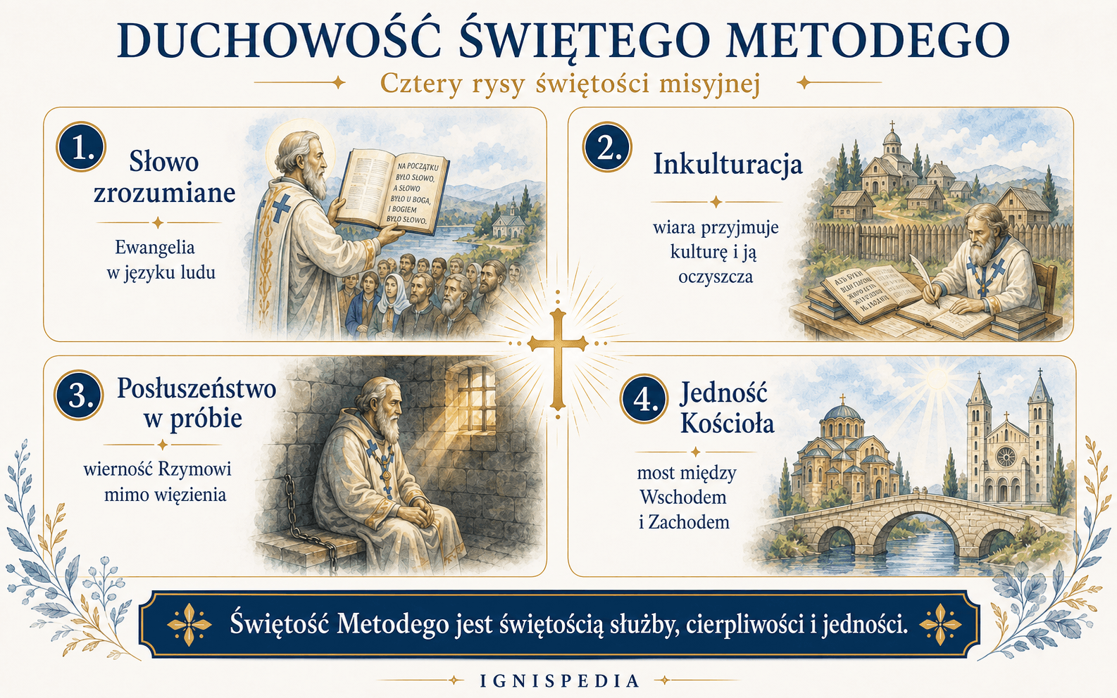 Infografika przedstawiająca cztery cechy duchowe świętego Metodego: zrozumiałe Słowo, inkulturacja, posłuszeństwo w próbie i jedność Kościoła