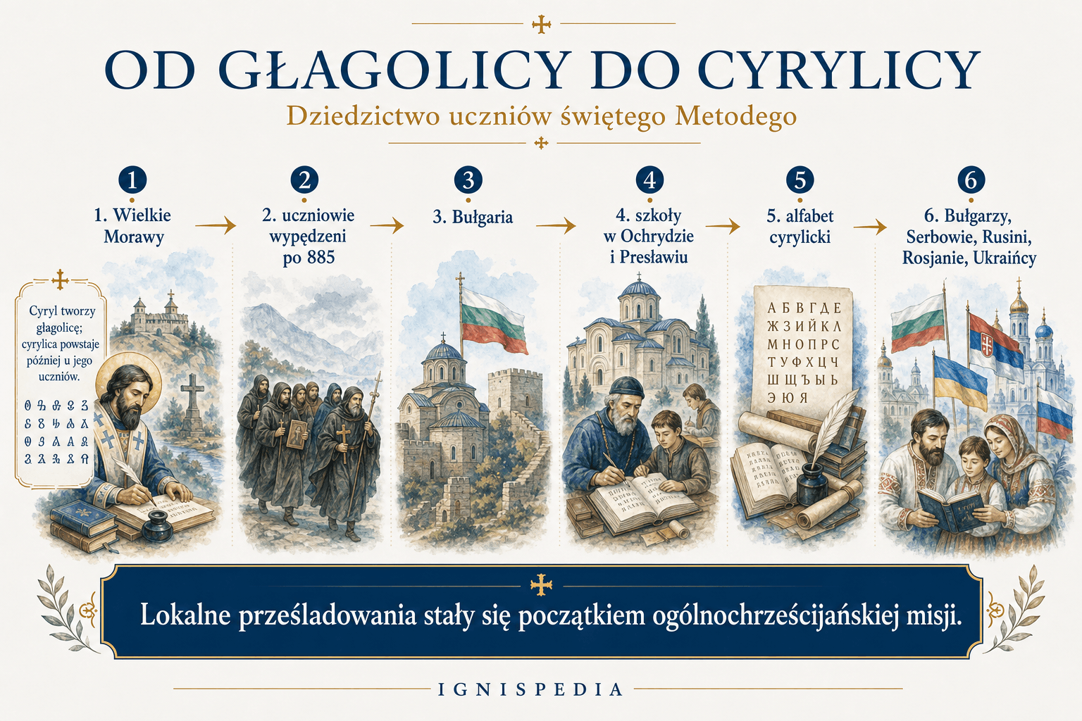 Schemat przekazu głagolicy do cyrylicy, od misji morawskiej przez Bułgarię do ludów słowiańskich