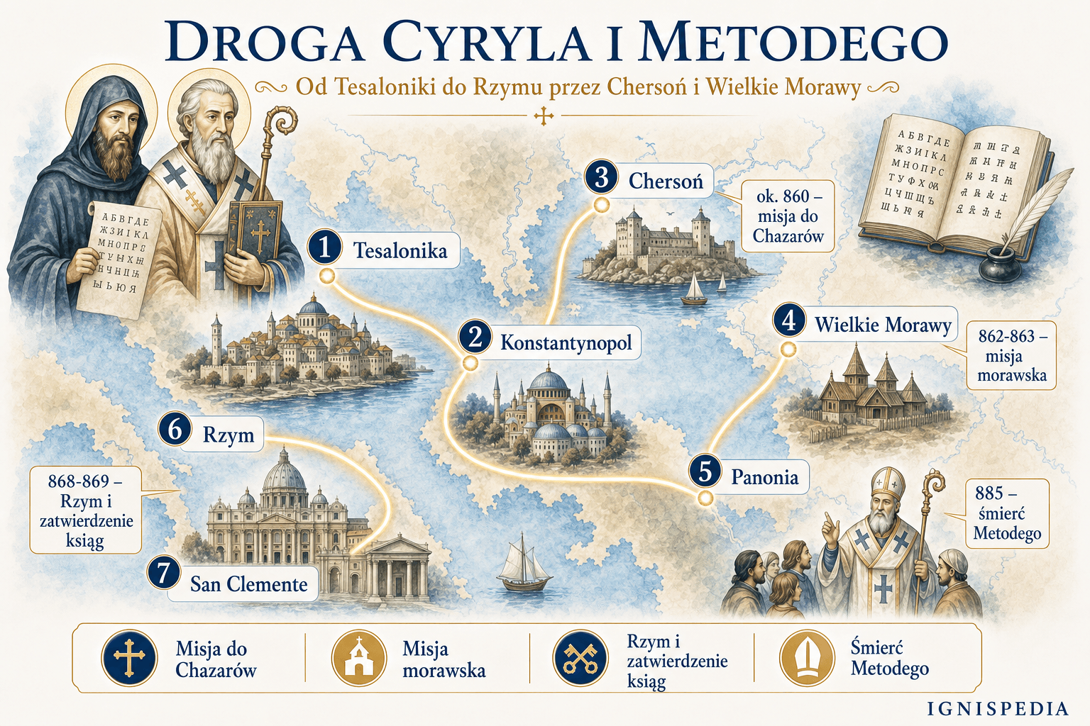 Infograficzna mapa szlaku Cyryla i Metodego, od Tesaloniki do Panonii-Moraw przez Chersonez, Konstantynopol, Wielkie Morawy i Rzym