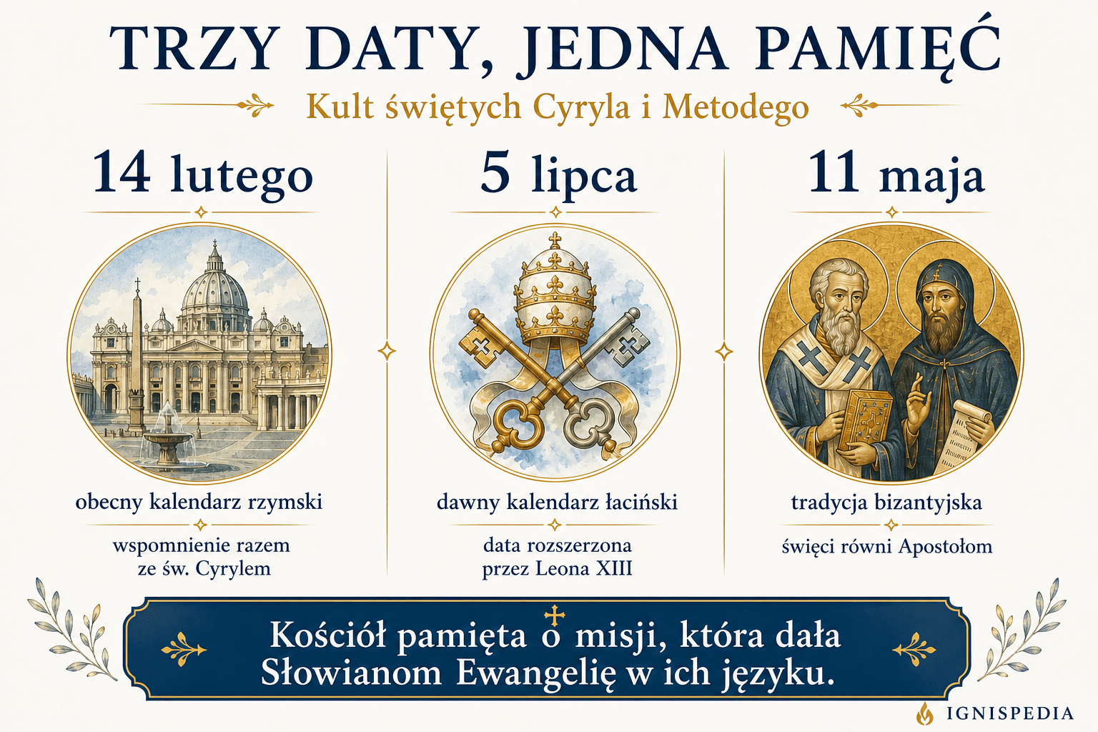 Infografika o trzech datach liturgicznych związanych ze świętym Metodym i świętym Cyrylem: 14 lutego, 5 lipca i 11 maja