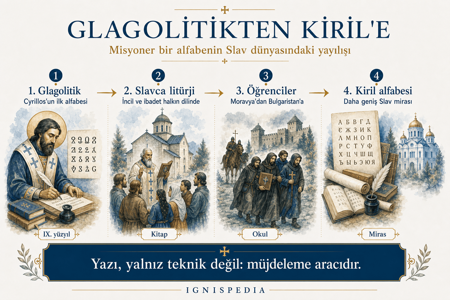 Glagolitik alfabeden Kiril alfabesine, Moravya misyonundan Bulgaristan’a ve Slav halklarına aktarım şeması