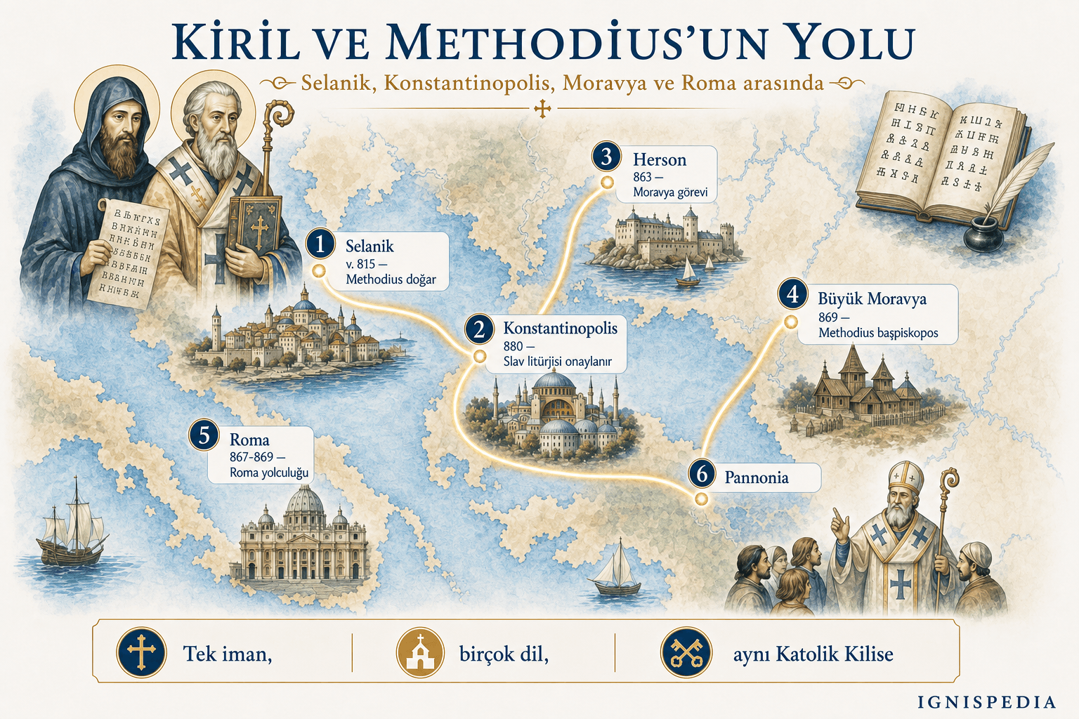 Cyrillos ve Methodius’un Selanik’ten Cherson, Konstantinopolis, Büyük Moravya ve Roma üzerinden Pannonia-Moravya’ya uzanan yolculuğunun infografik haritası