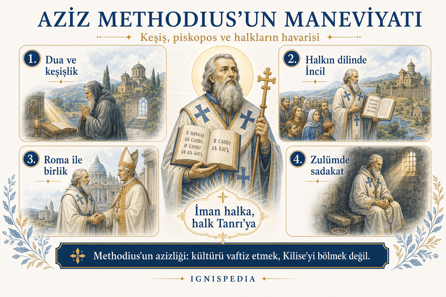 Aziz Methodius’un dört ruhani özelliğini gösteren infografik: anlaşılan kelâm, enkültürasyon, sınavda itaat ve Kilise’nin birliği
