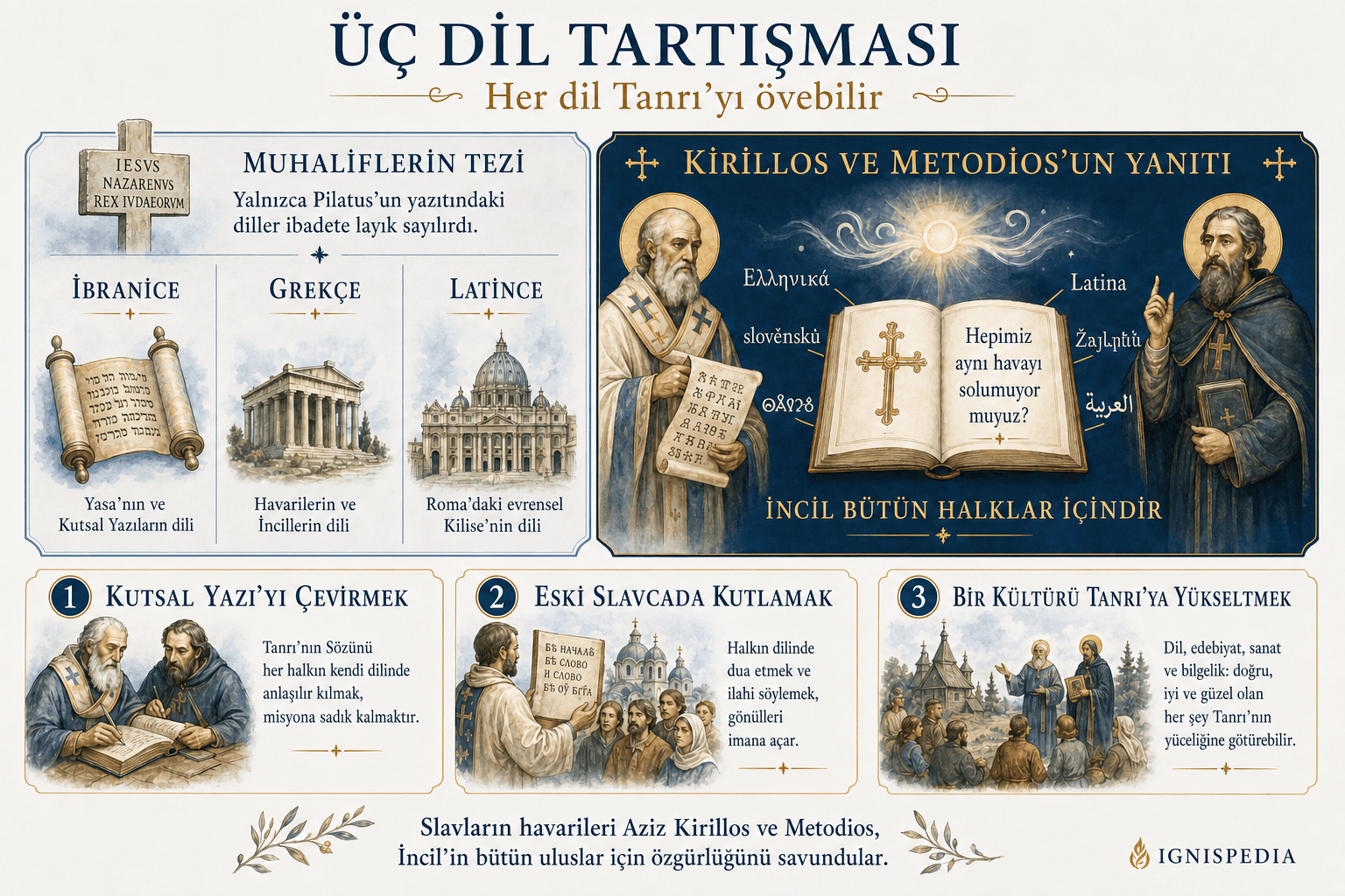 Üç kutsal dil tezini ve Cyrillos ile Methodius’un tüm halklar için İncil yanıtını karşılaştıran infografik