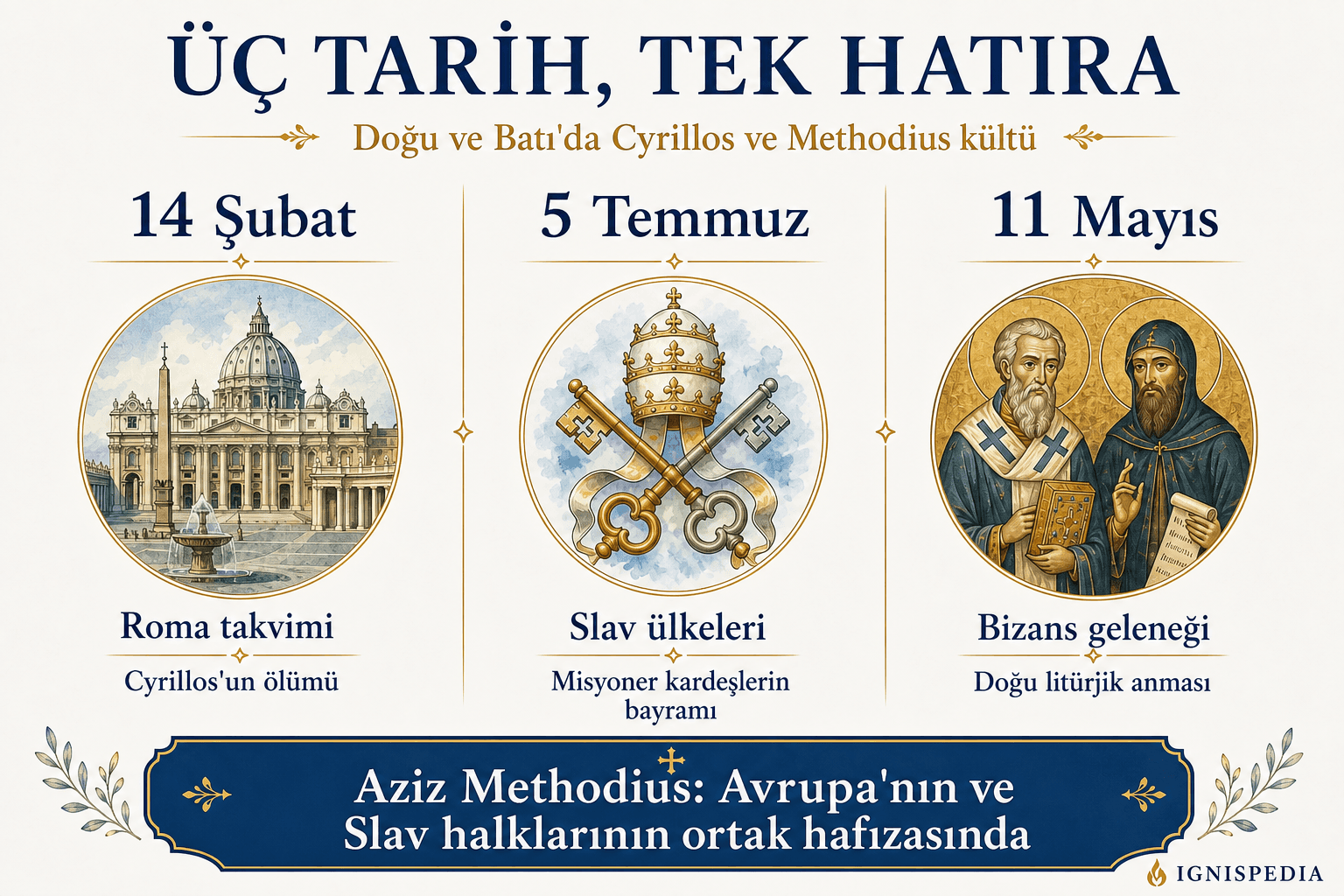 Aziz Methodius ve Aziz Cyrillos’a atfedilen üç litürjik tarihi gösteren infografik: 14 Şubat, 5 Temmuz ve 11 Mayıs